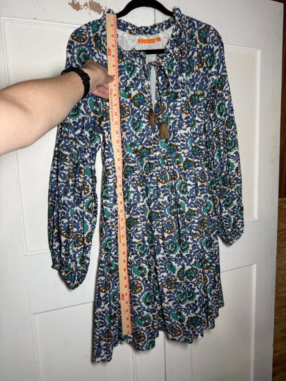 Oliphant Balloon Sleeve Mini Dress Napa Blue Gold Green Size Large Tassels - Picture 3 of 10